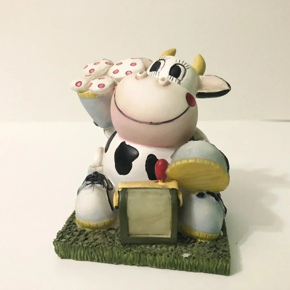 Vintage Cow With Butterfly Coin Bank Resin Figure 4 Inch Tall